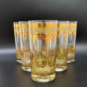 Lot of 6 Vintage MCM MidMod GEORGES BRIARD Green & Gold Carrara Highball Glasses